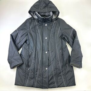 Junge black quilted womens parka Size 14 hooded zip snap closure winter